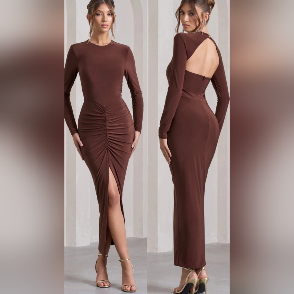 Club L London Chocolate Ruched Bodycon Back Out Slit Maxi Dress